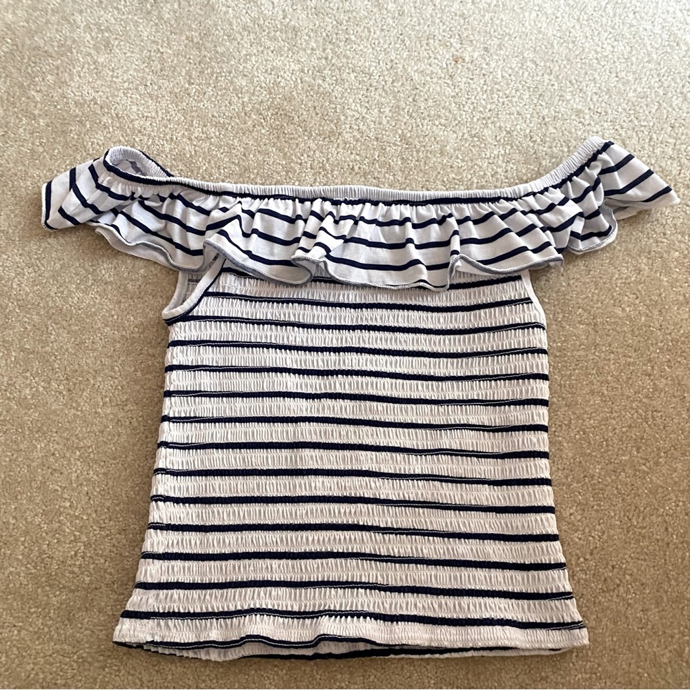 Navy & White Ruched Off Shoulder Top